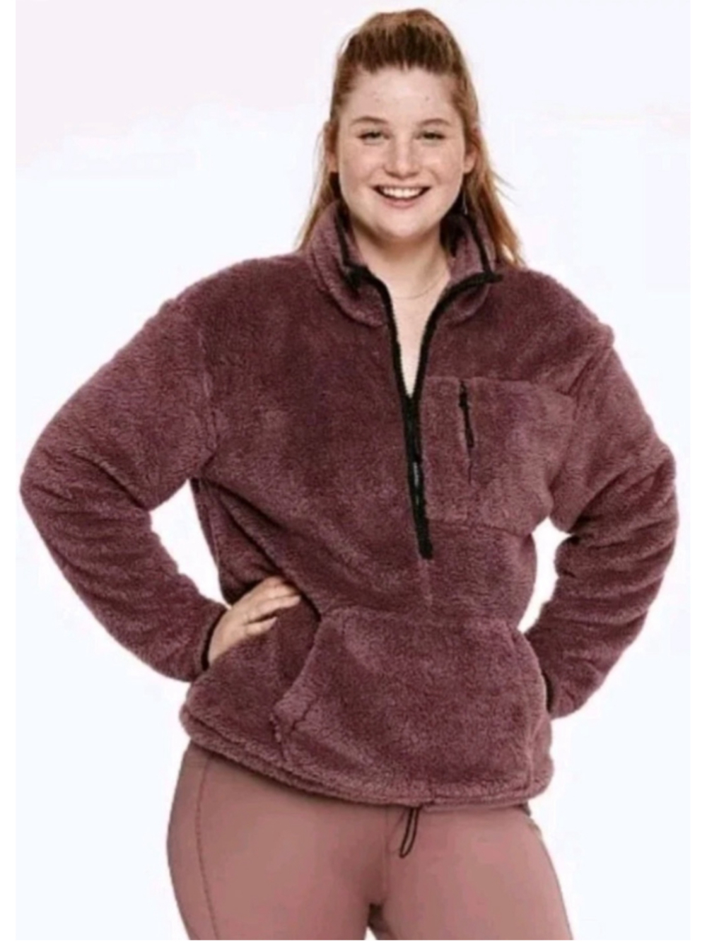 PINK Victoria's Secret Sherpa Teddy Half Zip Pullover Jacket In Rose Size XL